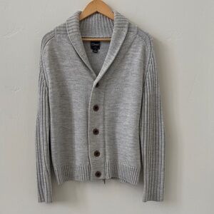 7 Diamonds Shawl Neck Cardigan Sweater w/ Elbow Patches, Button + Zip-Up, Gray